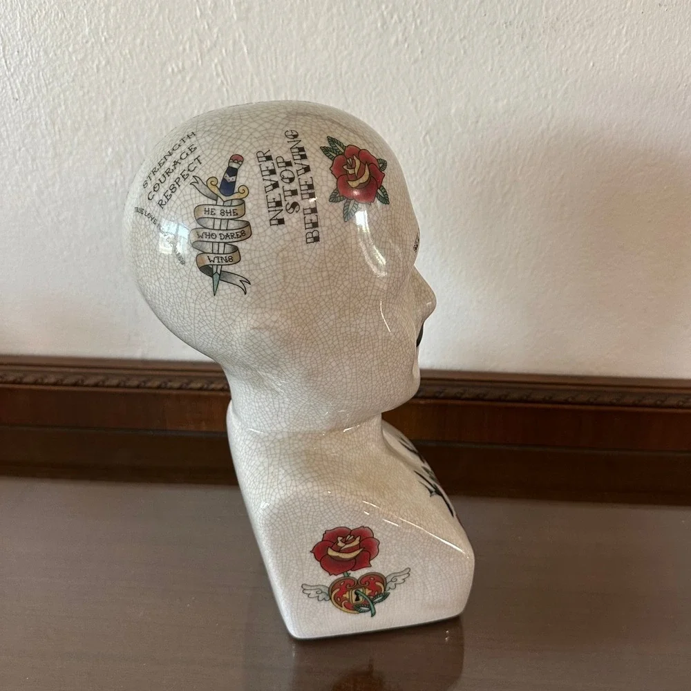 Traditional Tattooed Phrenology Head Bust Three Hands Corp Crackle Glazed
